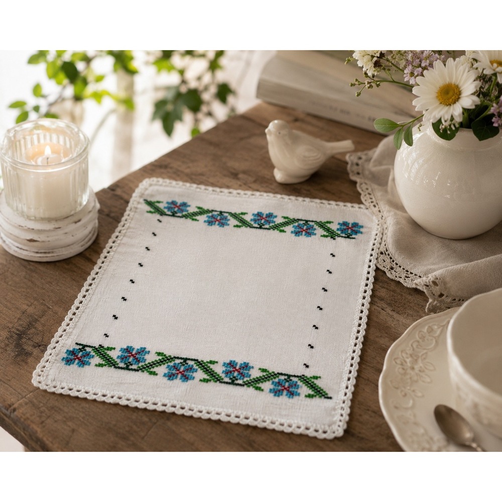 Handmade Mexican Embroidered Cloth Napkin Crochet Lace Trim Floral Textile 16x18